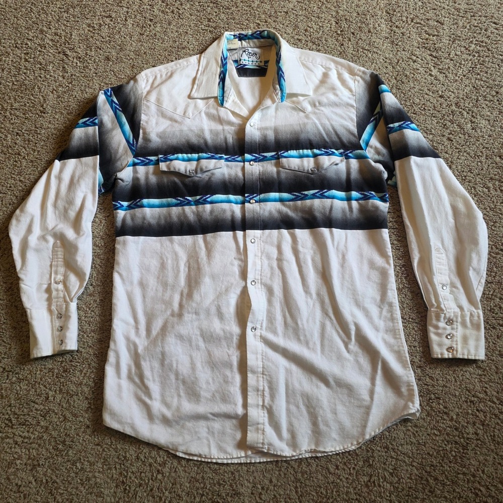 Vintage Roper Border Mens XL Western Pearl Snap Shirt Blue Southwestern USA Made